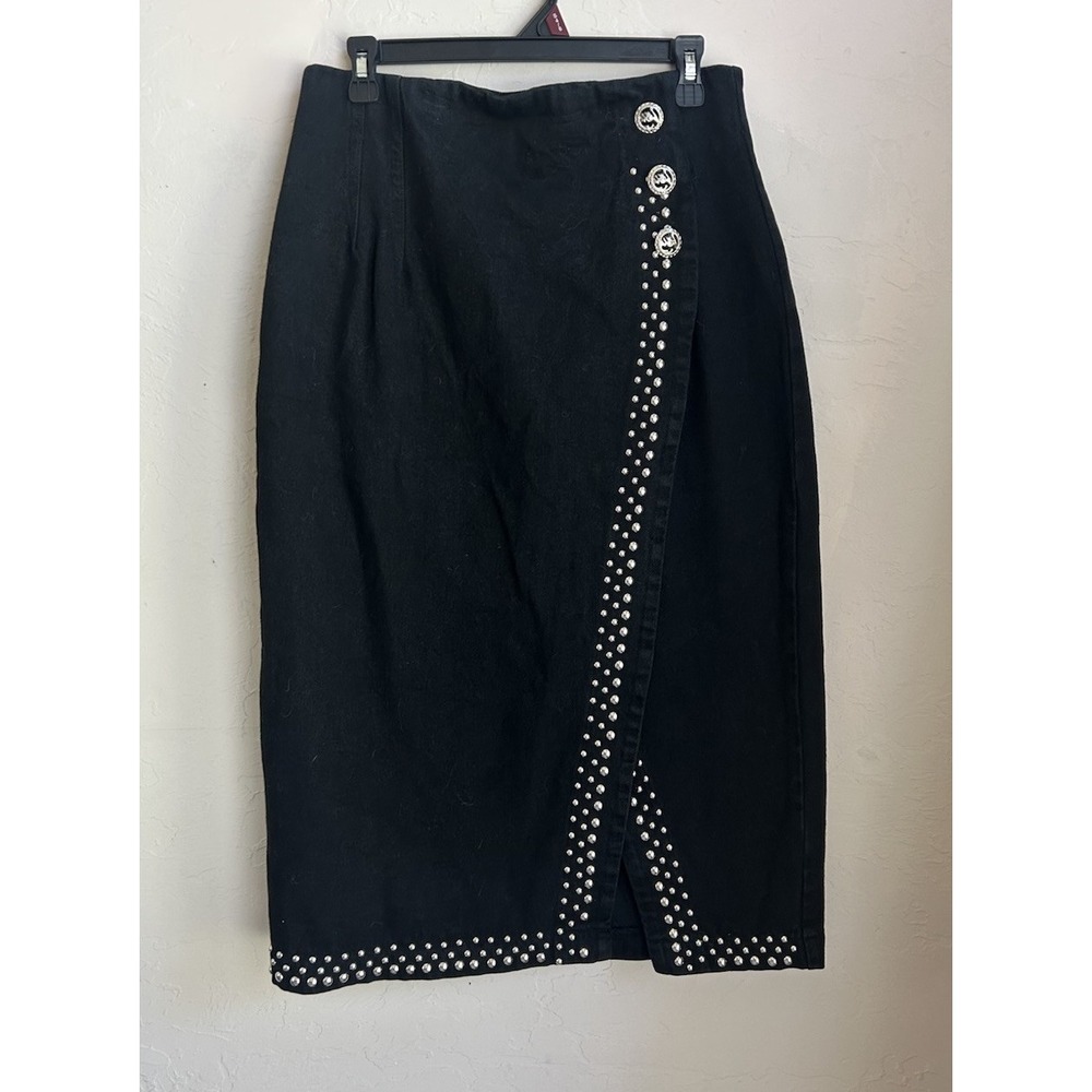 Vintage 90s Apache Black Studded Heavy Denim Midi‎ Skirt L Gothic Western Edgy